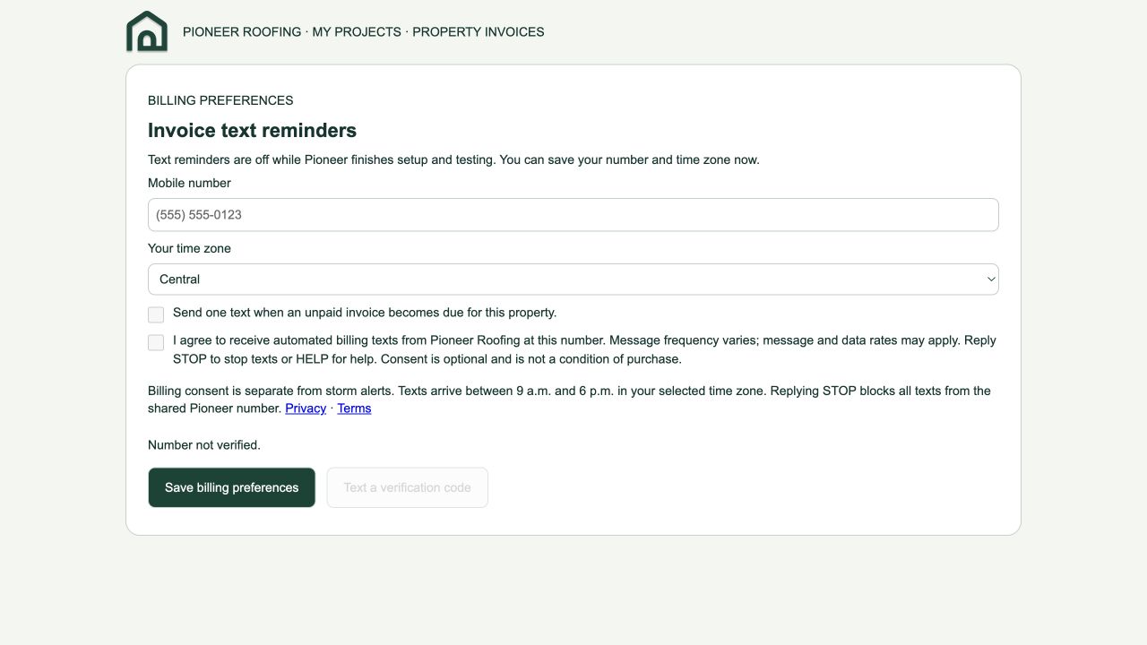 The implemented prelaunch billing preference component, rendered with no customer data in an isolated review layout; consent is unchecked and messaging disabled.